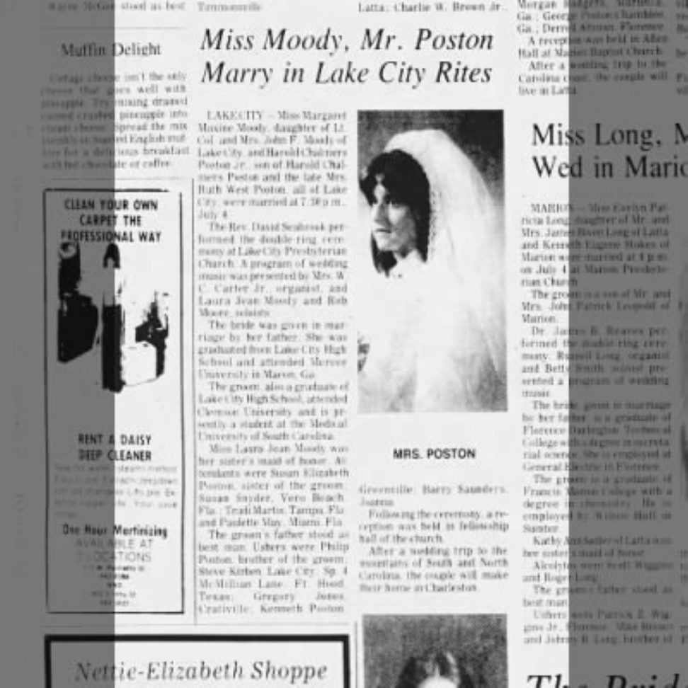 Miss Moody and Mr. Poston Marriage Notice — archival source preview