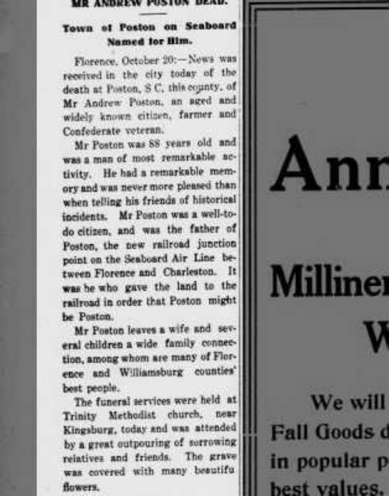 1916 Andrew Poston Obituary — “Town of Poston on Seaboard Named for Him” — archival source preview
