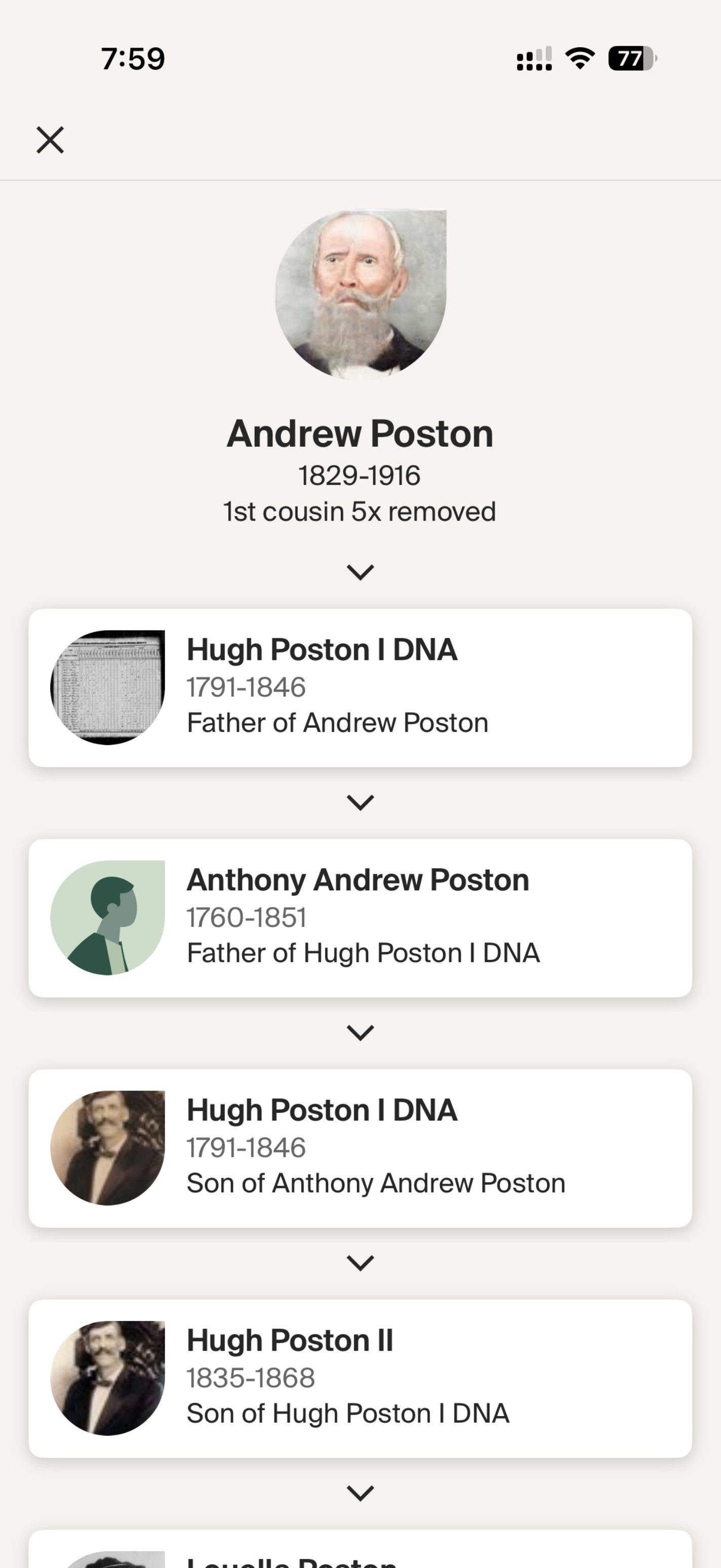 Poston Family Lineage Chart — Andrew Poston and Hugh Poston Lines — archival source preview