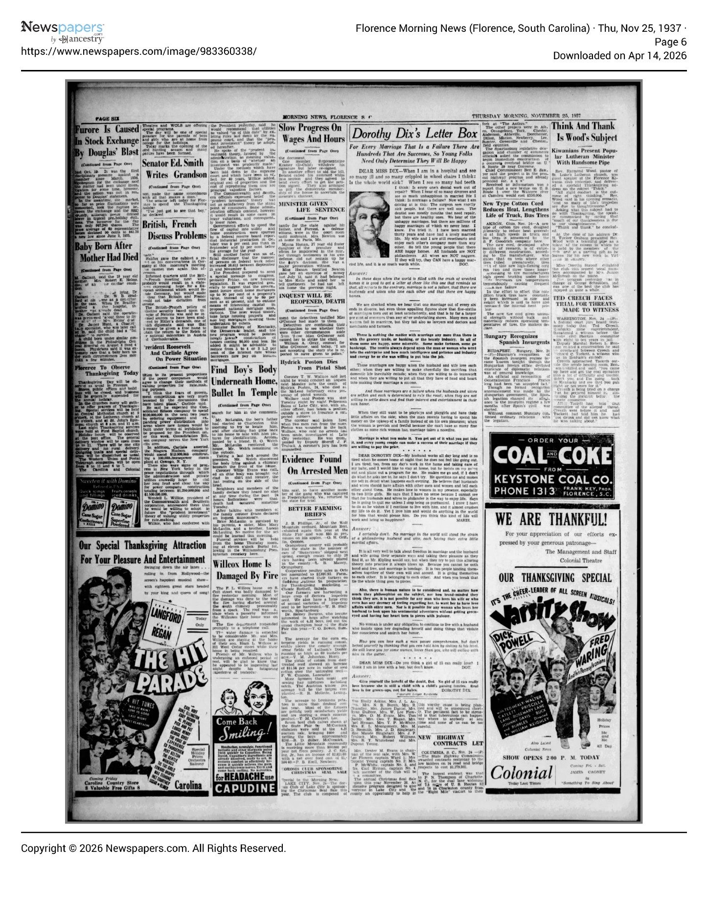 Florence Morning News November 25, 1937 6 — archival source preview