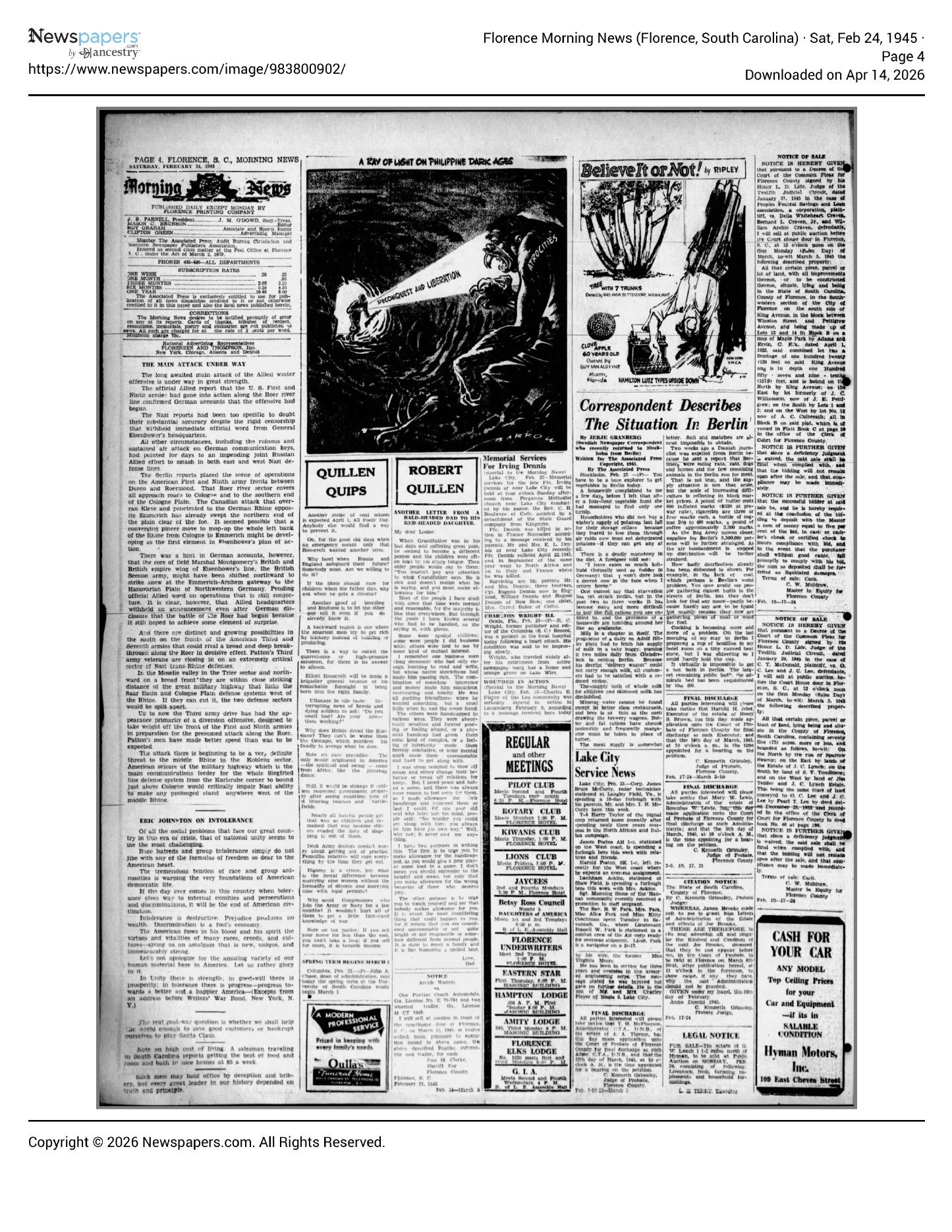 Florence Morning News February 24, 1945 4 — archival source preview