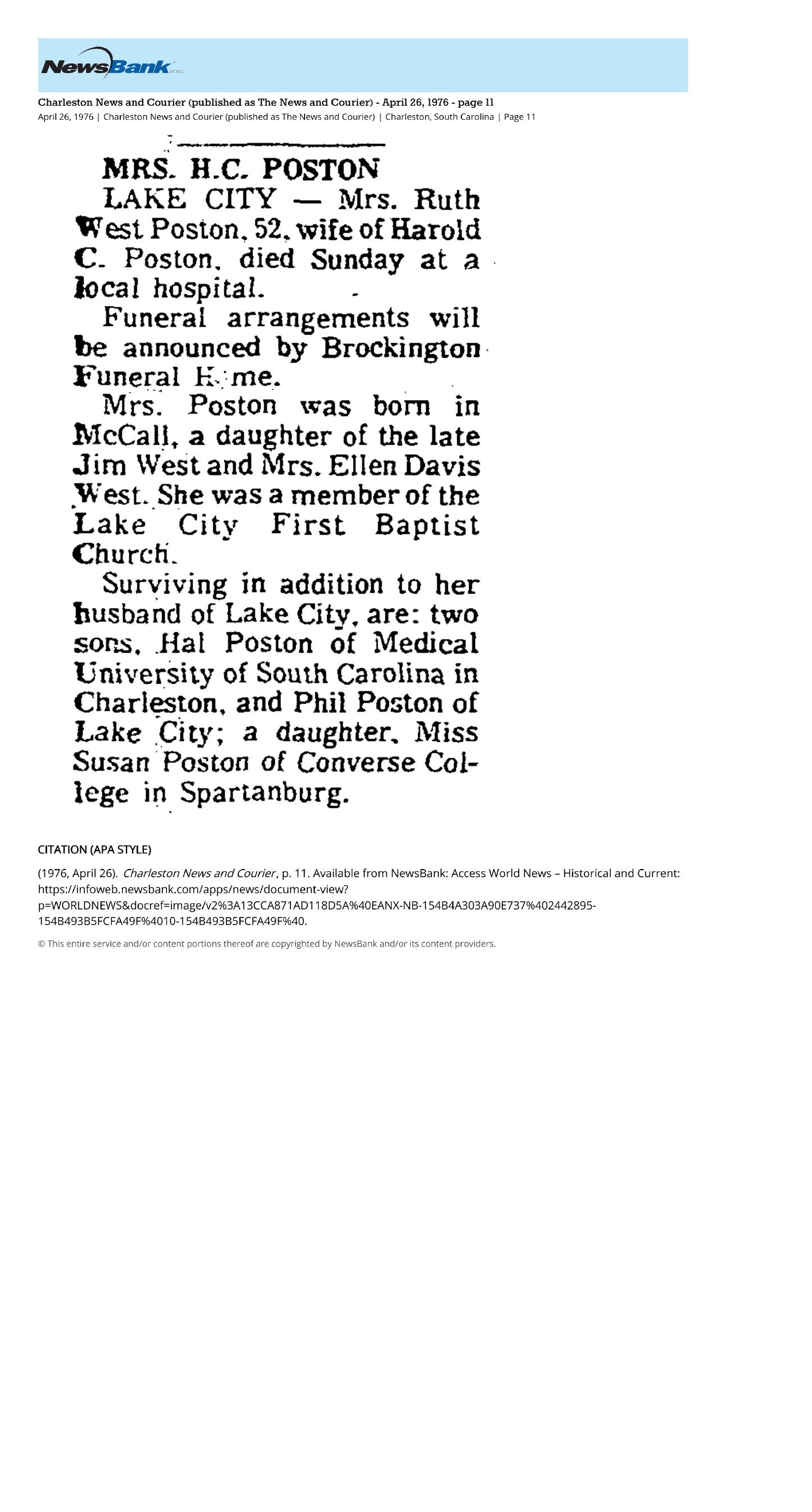 Ruth West Poston Obituary — The News and Courier, April 26, 1976 — archival source preview