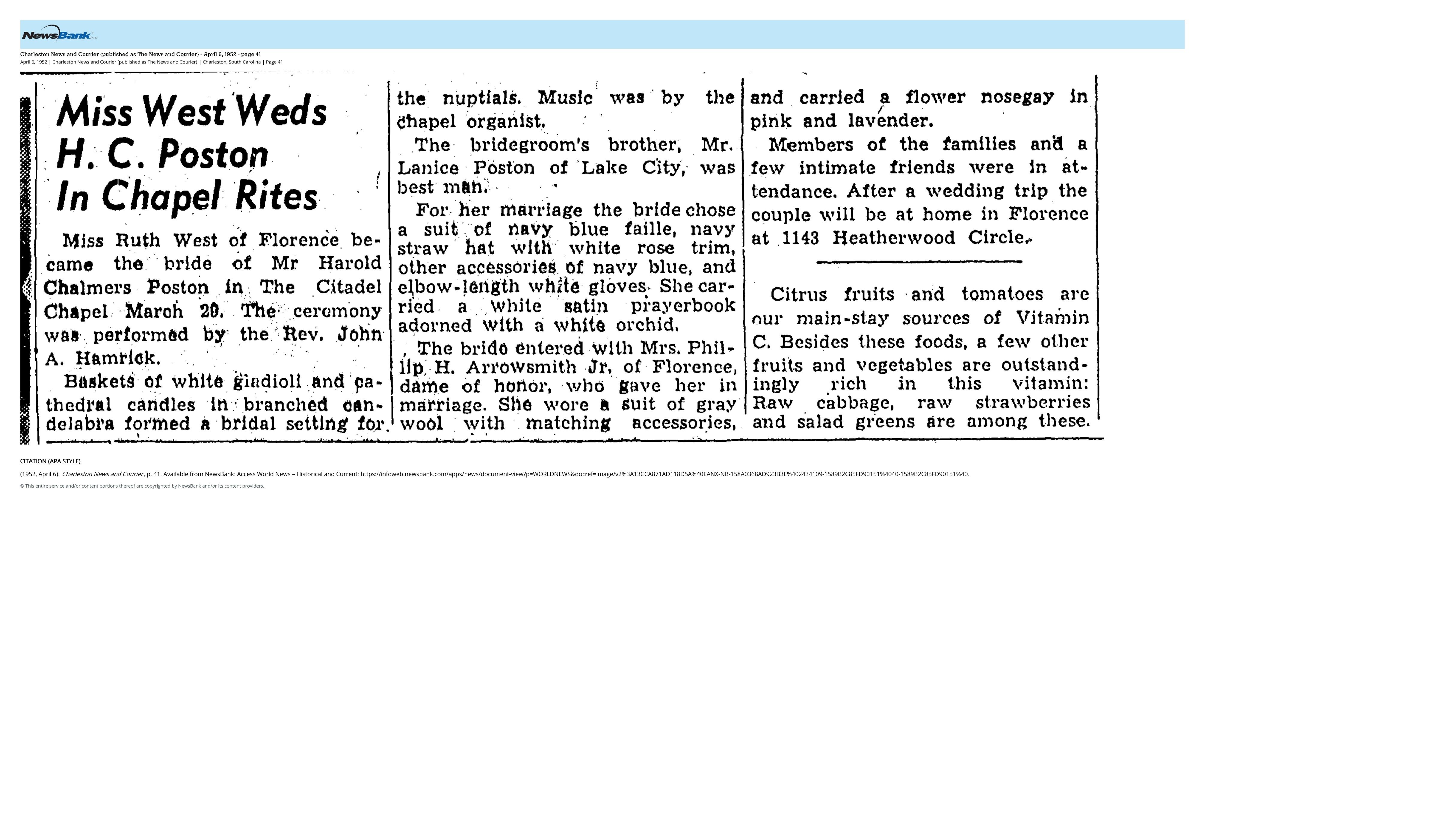Ruth West and Harold Chalmers Poston Marriage — The News and Courier, April 6, 1952 — archival source preview