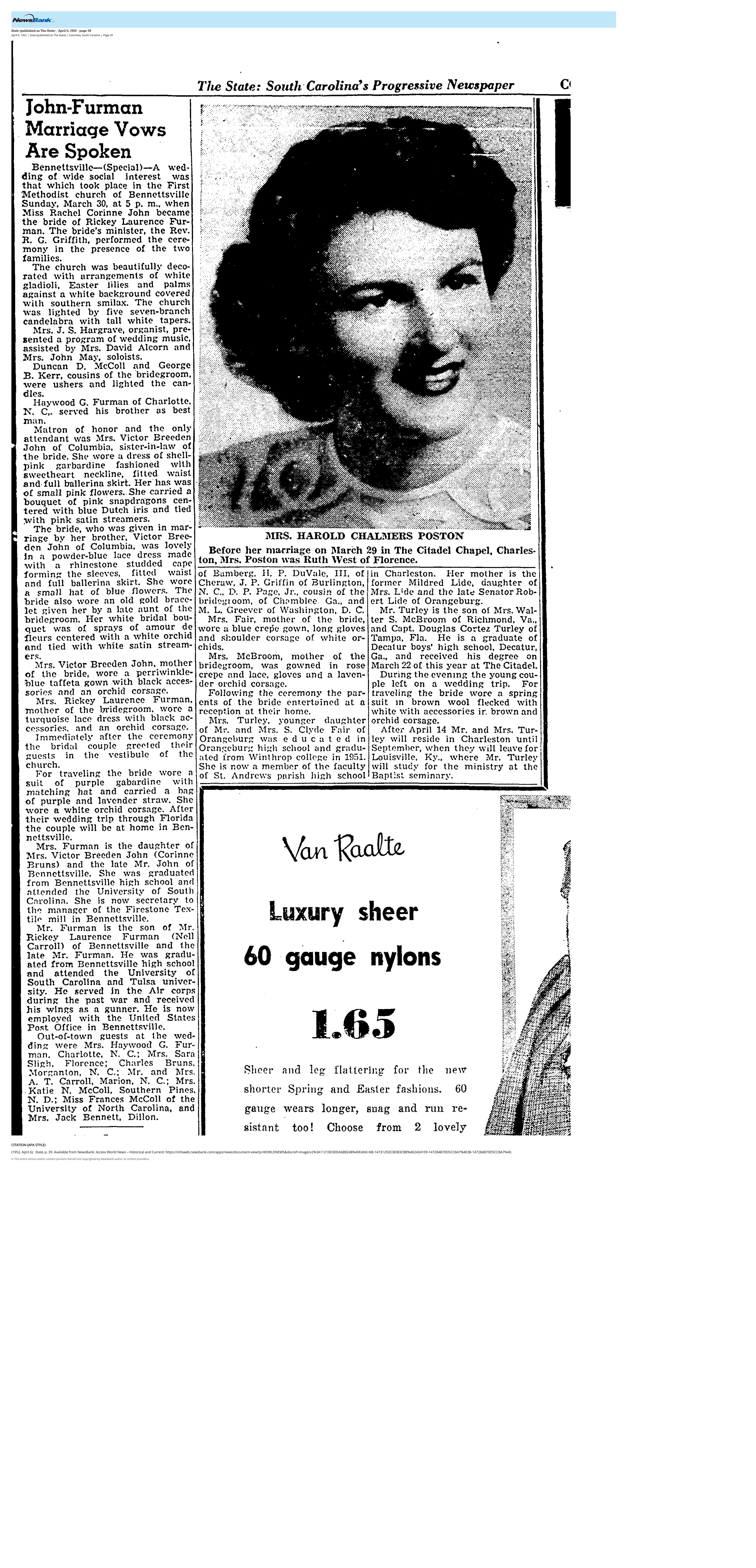 News Article — State published as The State — April 6 1952 — p39 — archival source preview