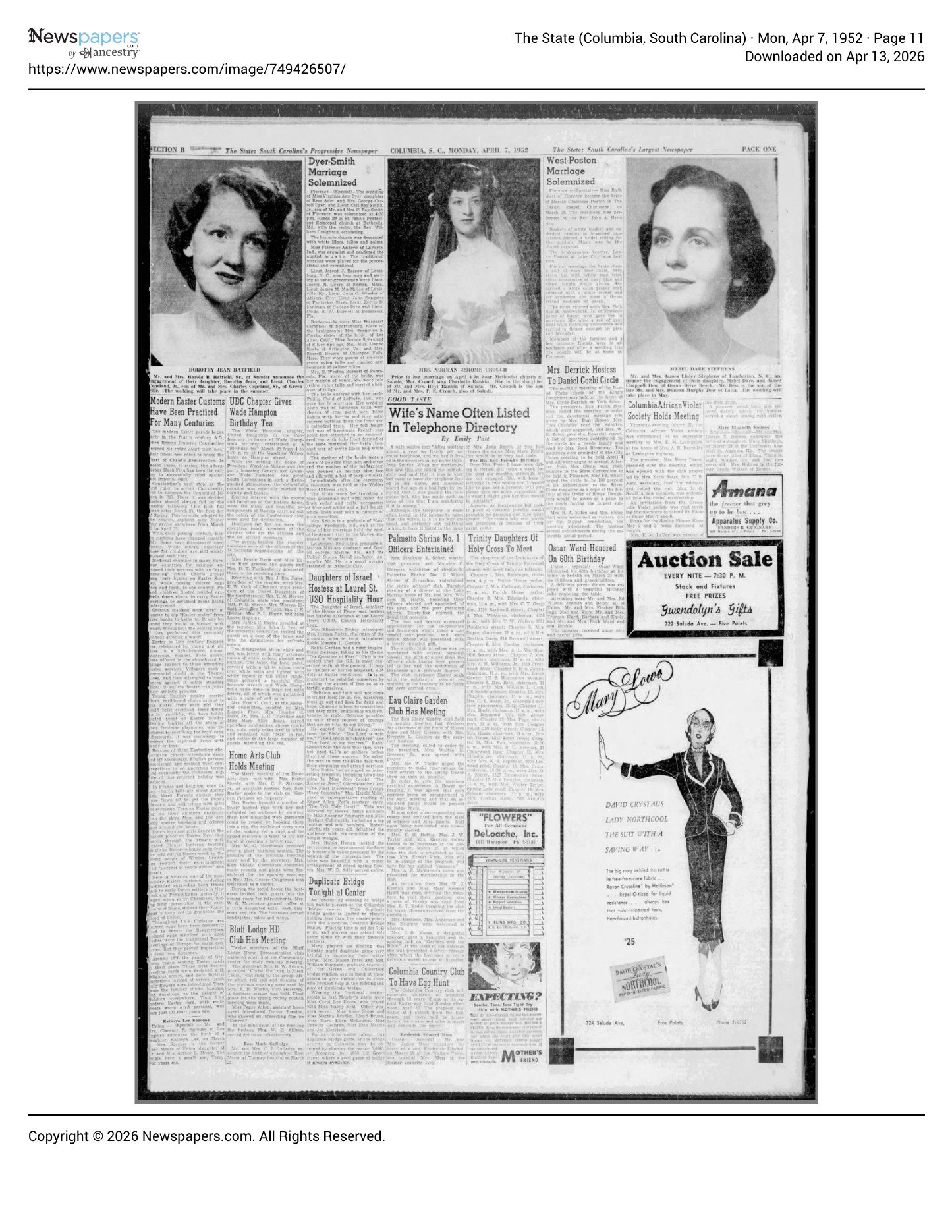 West–Poston Marriage — The State, April 7, 1952 — archival source preview